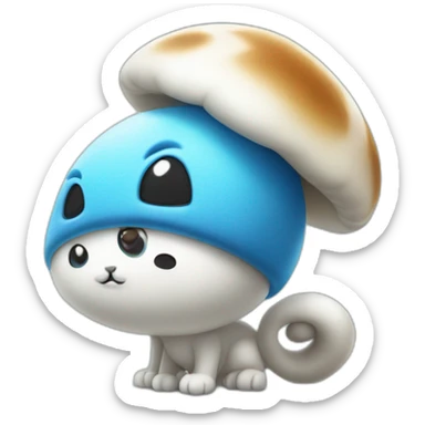 Blue smurf cat with large black eyes wearing a large white mushroom on his head casting a show on his face with a neutral face sticker