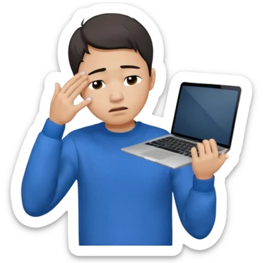 a crying asian handsome guy wearing a blue knit with white shirt, facepalming with only one hand, with a macbook, only upper body, high quality.  sticker