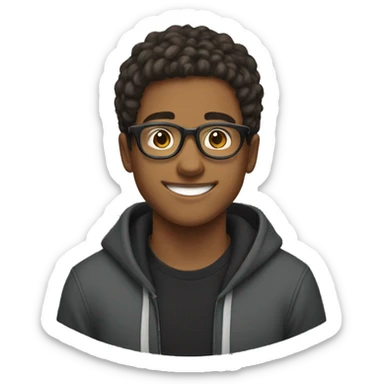Entrepreneurial 20-year-old boy with black sweatshirt, circular glasses, smiling and straight hair sticker