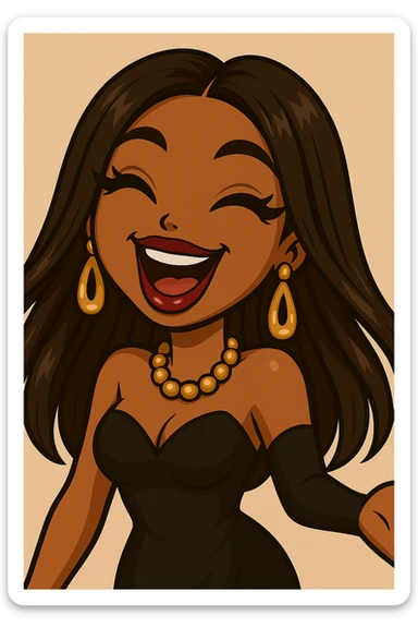 Headshot of a 20-year-old anime Bratz style woman with dark skin, straight hair, laughing uncontrollably, big expressive eyes, glossy lips, glamorous evening wear, no hat, no tears. sticker