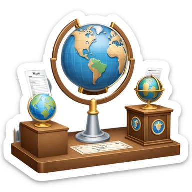 An icon featuring a podium with a speaker, a ballot box with a voting slip, and a globe, symbolizing political science. The design includes scales of justice and a world map in the background, representing governance and global politics. Transparent background highlights political analysis. sticker