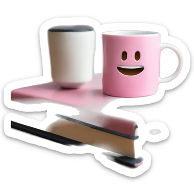 a white coffee mug is standing on a pink book sticker