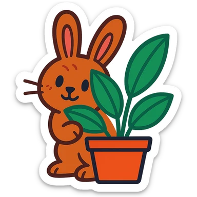 cinnamon bunny peeking behind a plant, vibrant-toon style sticker