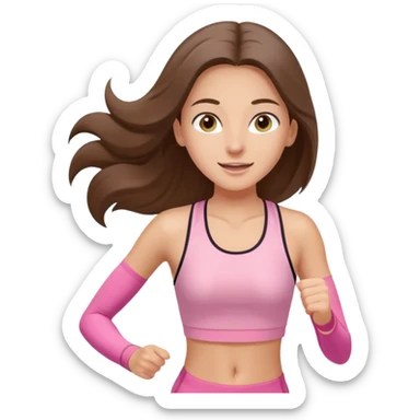 white happy brunette teen long hair with hazel eyes in light pink workout clothes jogging through race finish line sticker
