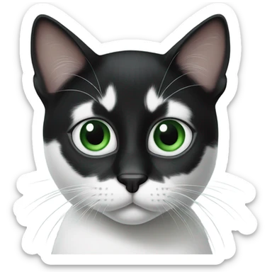 Black and white cat with green eyes and a black nose sticker