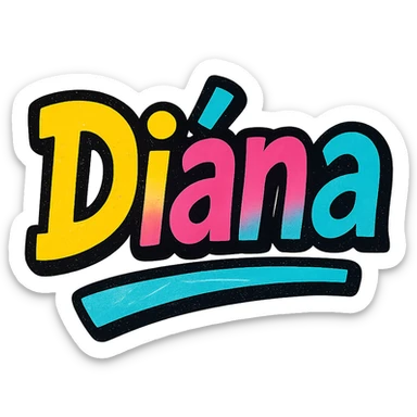 Diána name in modern colorful gradient font with dark outline, dynamic slanted or partial underline, transparent background, in the style of reference patterns sticker