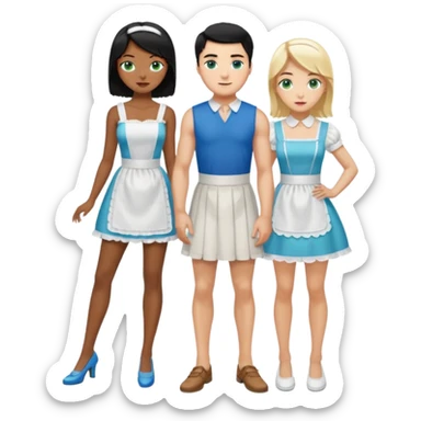 King, black hair, body, legst, blue eyes, shoes, maid blonde hair, green eyes, sexy short sleveless White dress, shoes sticker