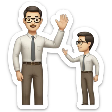 Full height Actively gesturing with hands Pale skinned fit man with dark brown hair in gray jacket, beige office shirt, brown tie, brown pants and vintage glasses. sticker
