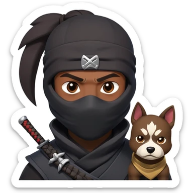 clash-of-clans-aesthetic_-cinematic-mysterious-male-ninja-portrait-emoji, rendered in a flat, vector-style with minimal shading and bold, simplified shapes,   with a head slightly turned revealing intense, focused eyes. the ninja is accompanied by a Ninken dog sticker