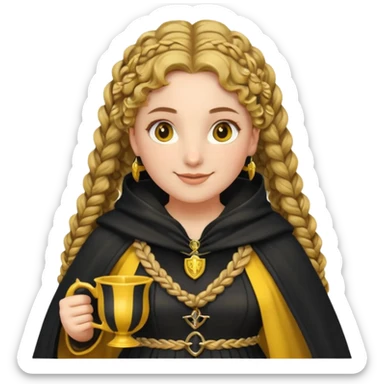 Helga Hufflepuff, 2 curly thick brown braids, yellow-black medieval dress, black cloak decorated with gold braiding, tiny two-handled shiny yellow-gold cup, very kind smile, curvy busty sweet woman, thick rosy cheeks sticker