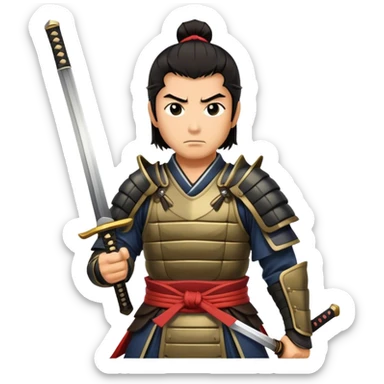 Cinematic Realistic Samurai Pop Culture Emoji, depicted with a noble, stoic portrayal of a samurai warrior rendered with crisp detail and dramatic, traditional lighting. sticker