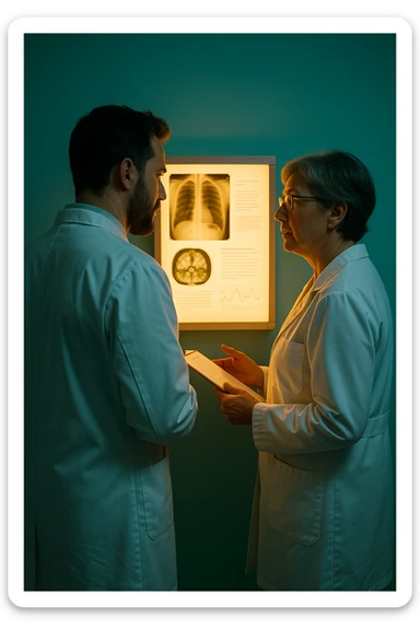 Realistic, detailed photo taken from behind of two doctors—a bearded man and a middle-aged woman—standing and facing each other as they discuss a diagnosis in front of a medical chart. The scene is illuminated by a yellowish, orange, warm light that softly envelops the doctors. The entire room is bathed in a single green-blue color, creating a cohesive and modern atmosphere. Both doctors wear white coats, and their body language suggests a serious, professional conversation. Shot with a Canon EOS R5, with high detail and natural depth of field. sticker