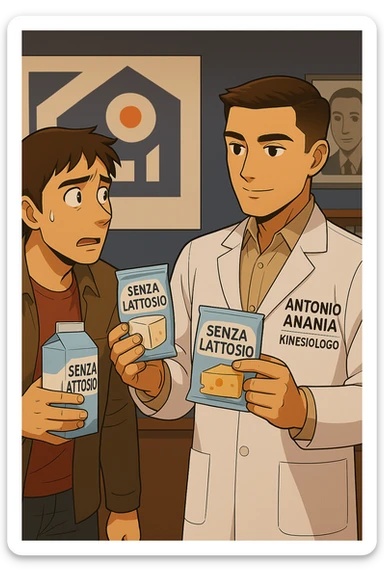fai un webtoon manga a colori con questo stile, in cui un uomo ASCOLTA Il kinesiologo con il camice bianco (fagli anche la scritta "ANTONIO ANANIA" SUL CAMICE, IL KINESIOLOGO SPIEGA ALL'UOMO UNA MOSTRANDO VARI PRODOTTI DA SUPERMERCATO CONFEZIONATI (TIPO SCATOLA DI LATTE, MOZZARELLE CONFEZIONATE, FORMAGGIO CONFEZIONATO), OGNI CONFEZIONE HA LA SCRITTA "SENZA LATTOSIO SULL'ETICHETTA. L'UOMO OSSERVA IL KINESIOLOGO CON ESPRESSIONE CONFUSA IN VOLTO. non fare i fumetti però, fai solo in modo che sembri stiano parlando sticker