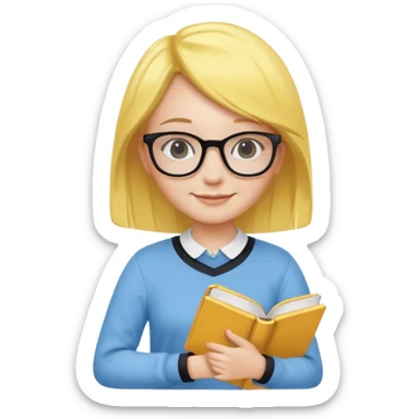 A smart and cute girl with yellow bobbed hair, wearing sky blue clothes,
I hold a book in one arm. There is a pen in the book.
He is wearing black-rimmed glasses and smiling brightly. sticker