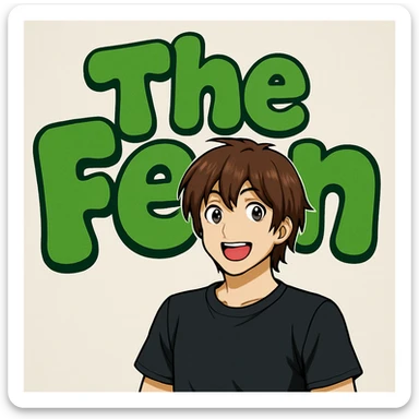 green bubble letters that say 'The Fern', playful and bold, with a fun, inviting vibe. A brunette anime man with medium-length brown hair, expressive anime face, and a black t-shirt (no jacket) stands in front of the letters. sticker