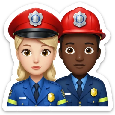 female white policeman in a blue suit and male black fireman in a red suit sticker