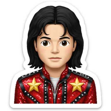 Michael Jackson with black long hair, red sequin jacket, black shirt, light skin sticker