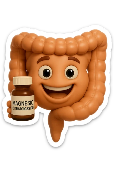 emoji stile iphone 3d di intestino umano felice che tiene in mano una boccetta di magnesio con la scritta "MAGNESIO CITRATO/OSSIDO" SULL'ETICHETTA , iperrealistico 4k sticker