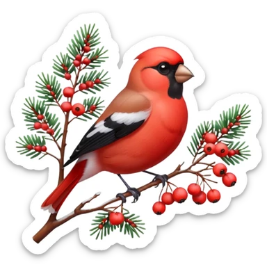 3D emoji of a bright red bullfinch bird (Snegir) sitting on a pine branch covered in fluffy white snow and red frozen rowan berries. Vibrant colors, soft feathers texture, glossy 3D icon style, Apple aesthetic, isolated on a solid white background, studio lighting. sticker