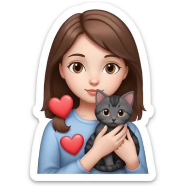 Girl with brown hair holding a grey and black kitten with,  love hearts around them like this emoji 🥰 sticker