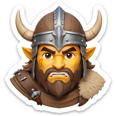 Clash of Clans aesthetic: Cinematic Fierce Barbarian Portrait Emoji, Poised and bold with a rugged yet cartoonish build in tattered furs and a horned helmet, his face rendered in a natural skin tone (not yellow), expressive bright eyes and a confident smirk, Simplified yet dynamic features, highly detailed, glowing with a vivid, adventurous aura, high shine, heroic and spirited, stylized with an air of medieval warrior charm, focused and energetic, soft glowing outline, capturing the essence of a fearless barbarian adventurer ready to lead his clan with spirited valor! sticker