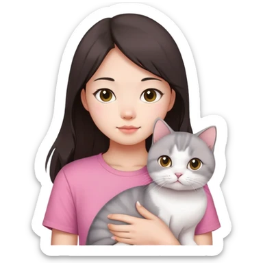 Chinese girl with dark brown half long hair wearing pink t shirt holding a British shorthair white cat  sticker