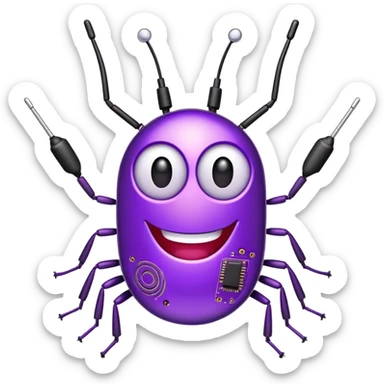 fun purple optiwatt bug with antenna, smiling face, and a tech circuit pattern on its body sticker