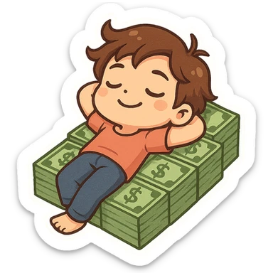 happy person napping on mattress of money sticker