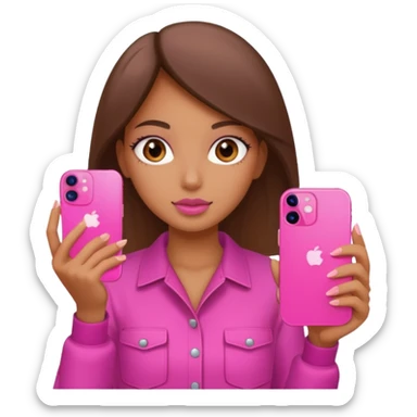 chica "baddie" con un iphone 13 rosa en la mano como sacando foto sticker