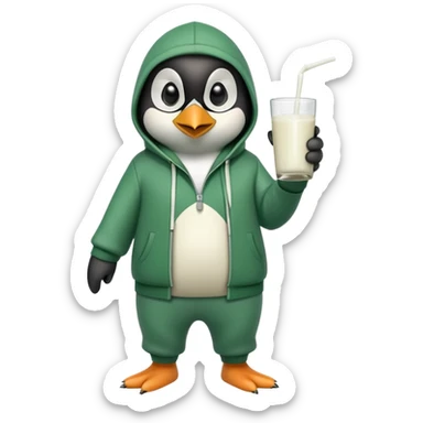 full body portrait of a friendly anthropomorphised penguin wearing a green mafia-style tracksuit, angry, intense brooding posture, holding a glass of milk sticker