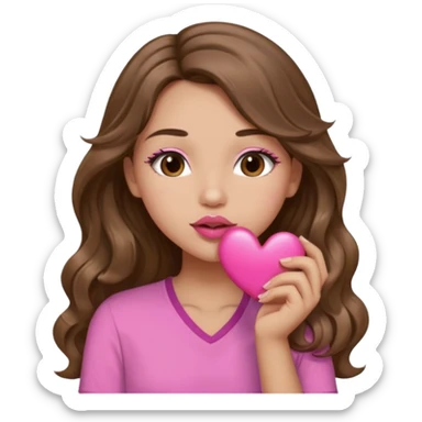 girl with long wavy brown hair, brown eyes, light to medium complexion, in a pink shirt, pink lips, long lashes, puckering up for a kiss, kiss lips and big heart in hand sticker