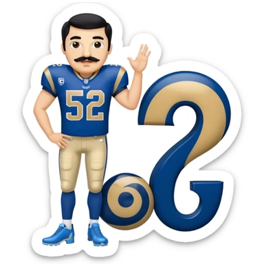 Chill guy in LA Rams jersey  with nu.ber 52. Black hair black mustache. Full body. Blue heels sticker