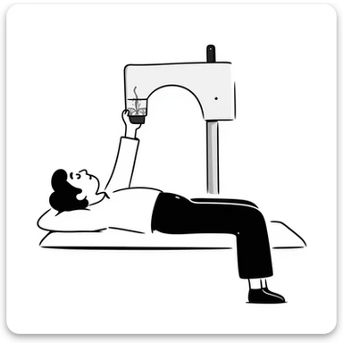 Detailed illustration of DEXA scan procedure with male patient lying on table, bone density measurement machine with scanning arm positioned over patient's body sticker