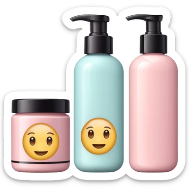 emoji of three different beauty products, with brand labels, minimalistic but luxury design (realistic), pastel colors sticker