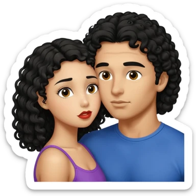 a strong man with straight short black hair kissing a shorter girl with long black curly hair sticker