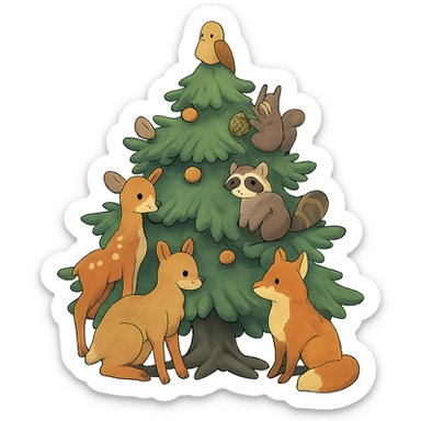 pine tree decorated with woodland critters in ghibli style sticker
