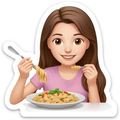 smiling white long brunette hair girl with hazel eyes in light pink with pasta sticker