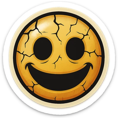 creepy emoji with cracks, empty eyes and wide smile, retro stickers style, sharp black outlines, clear shadows and highlights, no gradients sticker