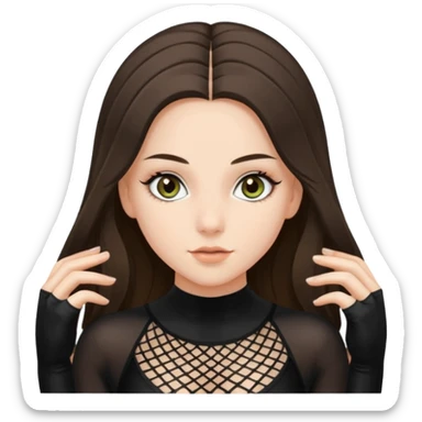 pretty white brunette teen long hair with hazel eyes in a black leotard and fishnets in an arabesque sticker