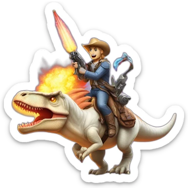 a t-rex riding an unicorn whilst firing guns sticker