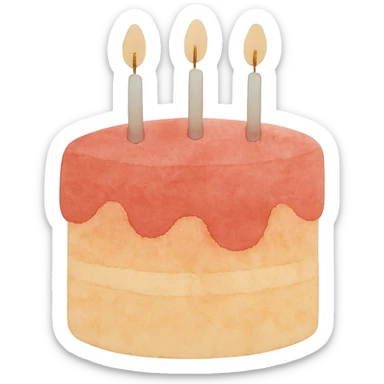 large red and yellow birthday cake with three candles, watercolor style, no background sticker