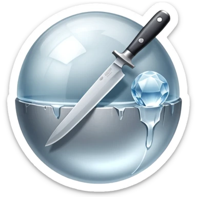 The knife is only visible from above, its tip showing from behind the ice ball. sticker