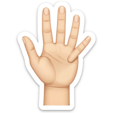 Index et majeur : pliés vers la paume, ils ne touchent pas complètement la paume mais restent repliés au centre.
	•	Annulaire et auriculaire (petit doigt) : tendus vers le haut.
	•	Pouce : écarté vers l’extérieur, souvent pointé vers le bas ou sur le côté  sticker