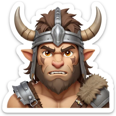 Clash of Clans aesthetic friendly Barbarian Portrait Emoji, Poised and bold with a rugged yet cartoonish build in tattered furs and a horned helmet, his face rendered in a natural skin tone (not yellow), expressive bright eyes and a confident smirk, Simplified yet dynamic features, highly detailed, glowing with a vivid, adventurous aura, high shine, heroic and spirited, stylized with an air of medieval warrior charm, focused and energetic, soft glowing outline, capturing the essence of a fearless barbarian adventurer ready to lead his clan with spirited valor! sticker
