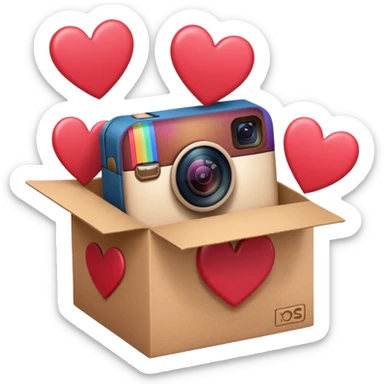 a box with an instagram logo on its face,  open with swipe files inside and hearts, likes  sticker