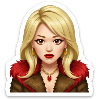 Cinematic Realistic Ultra HD -  Angry, High Nose - Glamor Plunge Hilary Duff Extreme Long Long Hairstyle in Shaggy Fur Coat with Gold Flash sticker