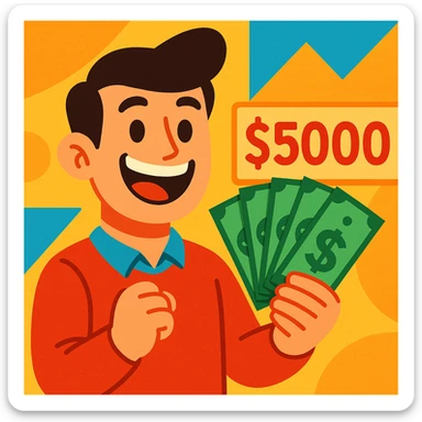 a cheerful guy with dollar bills and a big smile, showing off $5000, cartoon style sticker