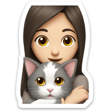 Brown-eyed brunette girl holds fluffy grey with white cat spots in cuddle sticker