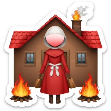 handmaids tale style woman burning house down walking away from house. shes wearing the nun hands maid tale hat cant see her face with brown hair shes wearing the red handmaids tale costume with white bonnet sticker