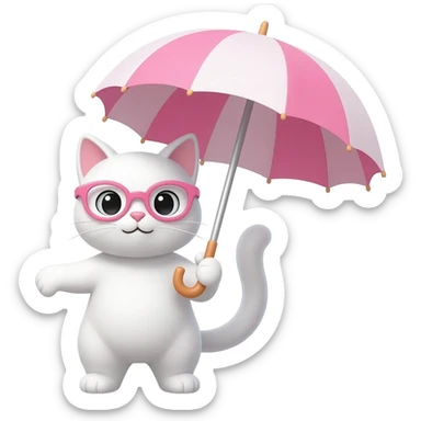 white cat wearing pink glasses carrying an umbrella sticker